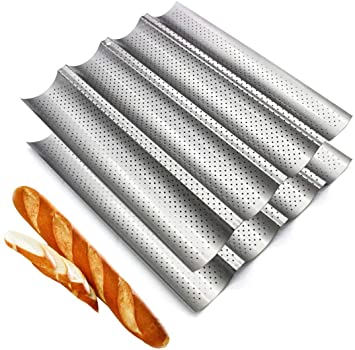 Fasmov 2 Pcs French Bread Baking Pan Nonstick Perforated Baguette Pan 4 Wave Loaves Loaf Bake Mold Toast Cooking Bakers Molding