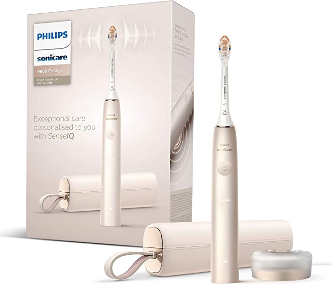 Philips Sonicare Power Electric Toothbrush 9900 Prestige with SenseIQ, Adapts, Cares, AI-Powered Sonicare App, USB Travel Case & Charging Stand, UK 2-Pin Bathroom Plug, Champagne, HX9992/11, 506 g