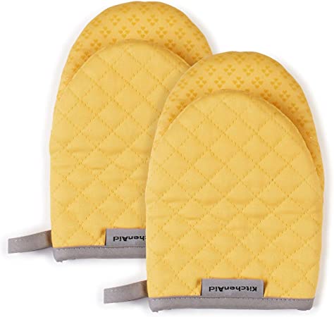 KitchenAid Asteroid Mini Cotton Oven Mitts with Silicone Grip, Set of 2, Yellow 2 Count