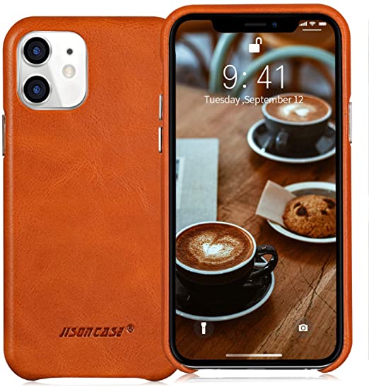 JISONCASE Genuine Leather Case for iPhone 11, Soft iPhone 11 Leather Case-Anti Slip Scratch,Ultra Thin,Shockproof & Wireless Charger Protective Case for Apple iPhone 11,Brown 6.1” (2019)