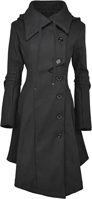 QZUnique Pea Coat Women's Long Fleece Pea Jacket Gothic Trench Coat Winter Punk Collar Peacoat Outwear Slim Hood Dress Coat