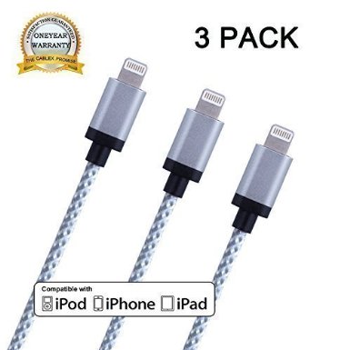 Cablex 3 Pack 3ft Lightning Cable Nylon Braided 8 Pin USB Cord Charging Cable with Aluminum Connector for iPhone 66s6 plus6s plus 5c5s5 iPad AirMini iPod NanoTouch Silver