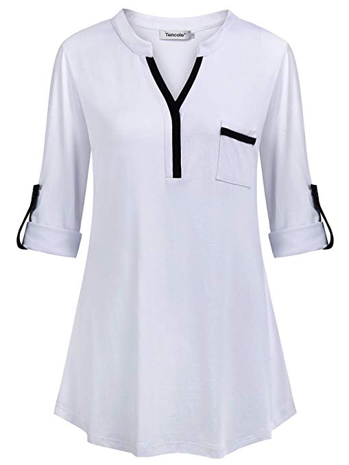 Tencole Roll Up Sleeve V Neck Tunic Shirts Business Casual Blouse Tops for Women