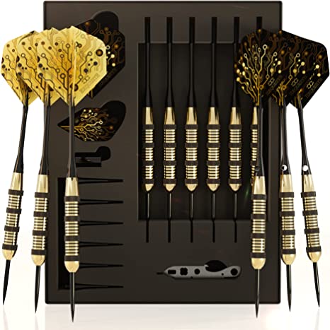 CC-Exquisite Professional Darts Set - 6 Steel Tip Darts Complete with 12 Dart Flights and 12 Aluminum Shafts Customizable Configuration, 12 O-Rings, Tool, Sharpener and Case for Man Cave & Game Room