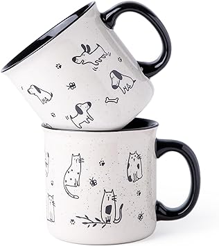 AmorArc 22 OZ Large Ceramic Coffee Mugs Set of 2, Oversized Mugs With Big Handle for Men Women Dad Mom, Big Mug With Textured Dogs Cats Patterns for Office & Home -Microwave Safe, 2 Pcs-Black