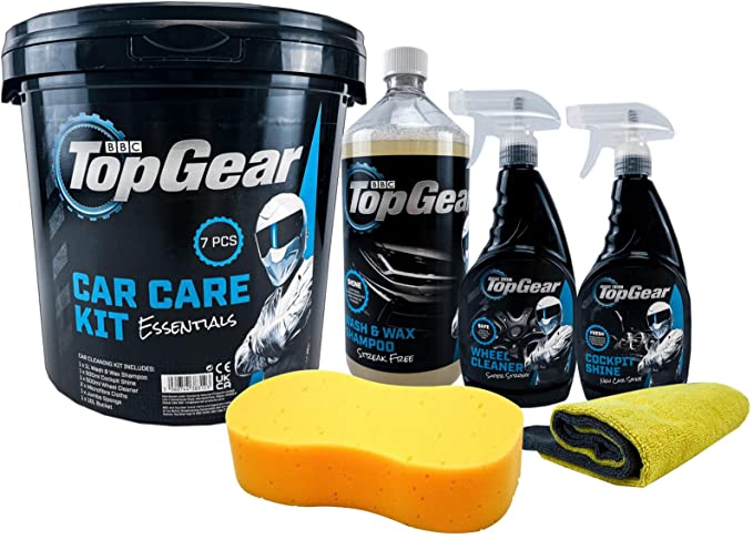 Top Gear - 7 Piece Car Cleaning Kit - Includes, 10L Bucket, Wash And Wax Shampoo, Wheel Cleaner And Cockpit Shine - Large Sponge And Microfibre Cloths