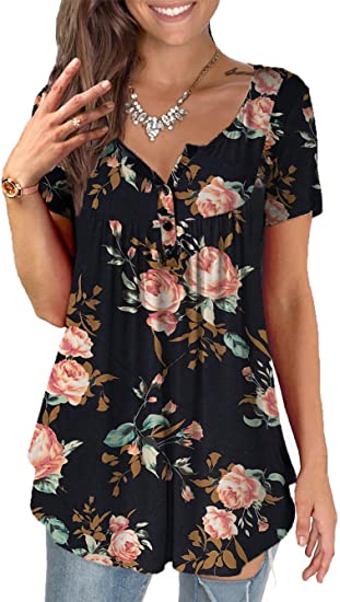 a.Jesdani Women's Plus Size Tunic Tops Long Sleeve Casual Floral Henley Shirt
