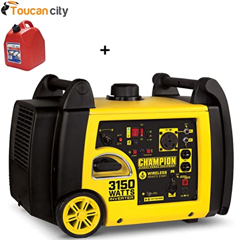 Toucan City Gas Can and Champion Power Equipment 3150-Watt Gasoline Powered Wireless Remote Start Inverter Generator with Champion 171cc 4-Stroke Engine 100477