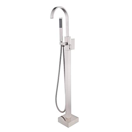 KES Brass Freestanding Tub Filler Faucet (Waterfall) with Brass Hand Shower Head Floor Mount Brushed Nickel, L5810-BN