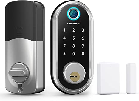 Smart Deadbolt, SMONET Fingerprint Electronic Deadbolt Door Lock with Keypad-Bluetooth Keyless Entry Keypad Smart Deadbolt App Control, Ekeys Sharing, App Monitoring Auto Lock（Pack of Door Sensor）