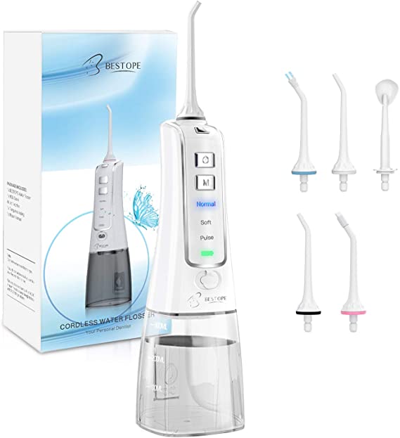 BESTOPE Water Flosser for Teeth - 300ml Portable Cordless Oral Irrigator Dental Flosser with 3 Cleaning Mode & 5 Jet Tips, IPX7 Waterproof