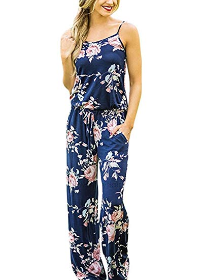 Xuan2Xuan3 Floral Printed Jumpsuit Women Halter Sleeveless Stretch Wide Long Pants Casual Jumpsuit Rompers