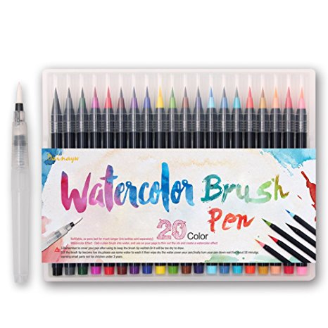 Dainayw Watercolor Brush Pens Set ,Soft Flexible Tip, Durable,, Create Watercolor Effect - Best for Adult Coloring Books, Manga, Comic, Calligraphy - 20 Colors