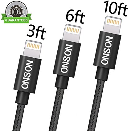 ONSON iPhone Cable,3Pack 3FT 6FT 10FT Nylon Braided Lightning Cable USB Cord Charging Cable for iPhone 7/7 Plus,6/6S/6 Plus/6S Plus,5/5S/5C/SE,iPad,iPod Nano 7,iPod Touch (Black)