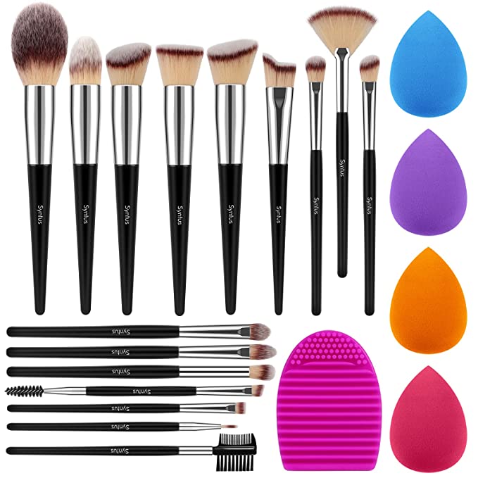 Syntus Makeup Brush Set, 16 Makeup Brushes & 4 Blender Sponges & 1 Brush Cleaner Premium Synthetic Foundation Powder Kabuki Blush Concealer Eye Shadow Black Silver Makeup Brush Kit