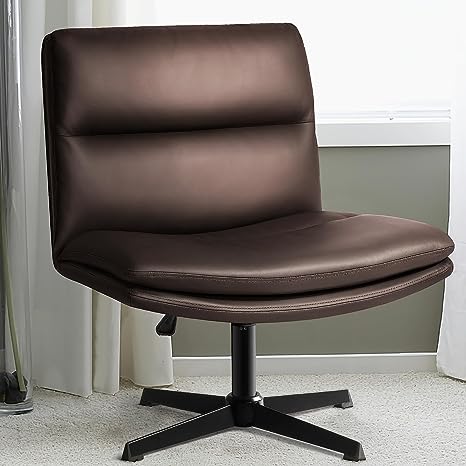 LEMBERI PU Leather Padded Desk Chair No Wheels, Armless Wide Swivel Home Office Desk Chair,120°Rocking Mid Back Ergonomic Computer Task Vanity Chair for Home Office, Make Up,Small Space (Brown)