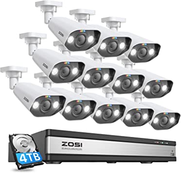 ZOSI 16CH 4K Outdoor PoE Security Camera System with Audio,H.265  16CH 8MP NVR with 4TB HDD,12pcs 4K Spotlight PoE IP Cameras,Motion Detection,Sound&Light Alarm,Remote Access,for Home 24/7 Recording