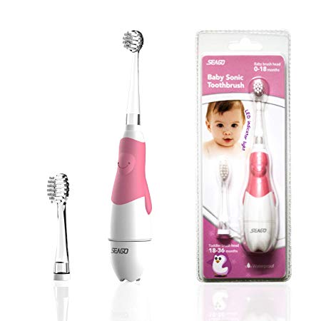 SEAGO Kids Sonic Electric Toothbrush with Timer, Battery Powered Soft Tooth brush for Babies (0 to 3 Years), Toddler Toothbrush Electric, Waterproof IPX7, 2 Replaceable Heads(SG-513 PINK)
