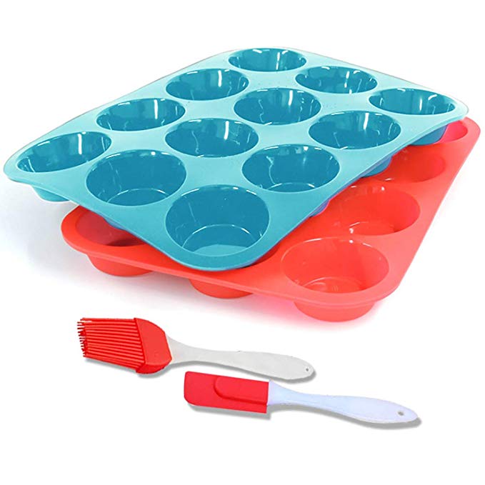 12 Pc Silicone Muffin and Cupcake Baking Mould, Muffin & Cupcake Tins & Moulds, Non Stick/Dishwasher - Microwave Safe(2pack)(Red Blue)