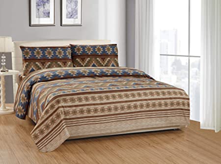 Rustic Western Southwestern Native American 4 Piece King Size Sheet Set in Beige Taupe Brown Blue and Green Color Scheme (King Austin Taupe Sheet Set)