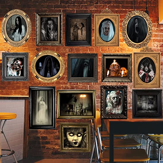 Benjia 15 Halloween Gothic Mansion Haunted Horror Picture Frames, Waterproof Durable,with 100pcs Self Adhesive Dots，creepy Photo Decorations For Haunted Home Family Castle Masquerade Party