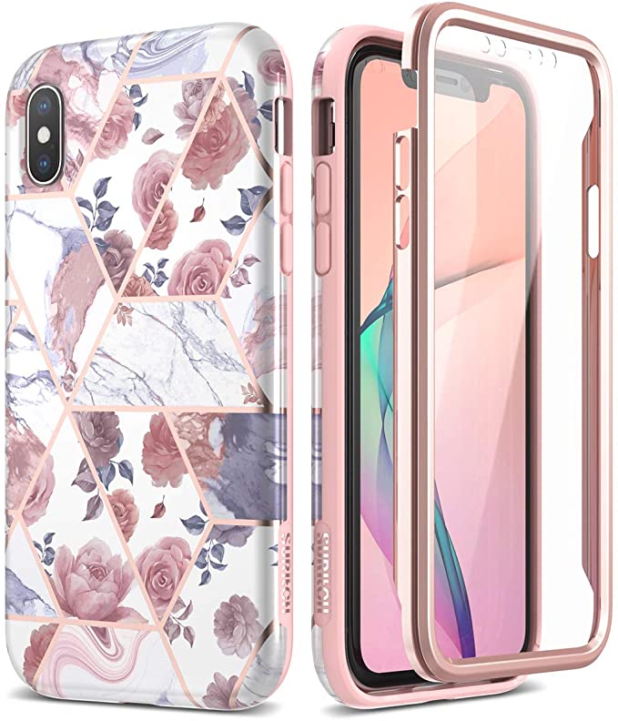 SURITCH Marble iPhone Xs Max Case, [Built-in Screen Protector] Natural Marble Full-Body Protection Shockproof Rugged Bumper Protective Cover for iPhone Xs Max Case 6.5 inch (Rose Marble)