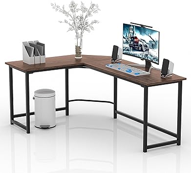 VECELO 66" L Shaped Corner Coffe Easy to Assemble Concer Sturdy Home Office Computer Table Larger Gaming Workstation Writing Desk, Brown Black Leg