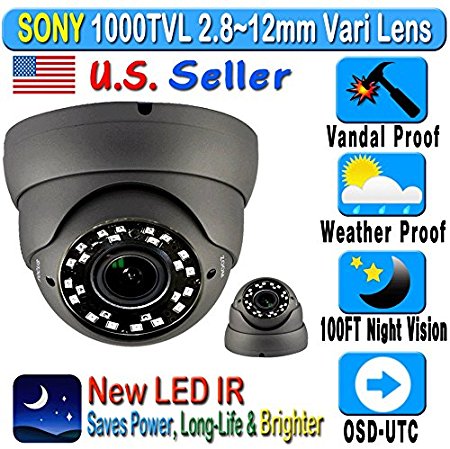 1/3" SONY 1000TVL / 1200TVL 720P 1.3 MP 2.8-12mm Manual Zoom NEW IR 100FT Night Vision Vandal/Weather Proof CCTV DOME CAMERA