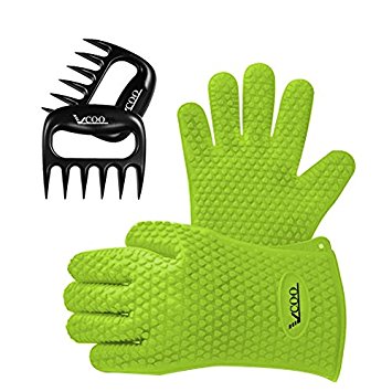 BBQ Gloves and Barbecue Pulled Pork Claws Set, VCOO Grilling Tools Set, Silicone Heat Resistant Oven Mitts and Meat Forks, BBQ Accessories For Kitchen Home Indoor Outdoor Cooking Needs (Green)