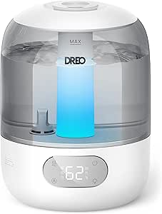 Dreo Humidifiers for Bedroom, Cool Mist Ultrasonic Humidifiers with 30Hr Runtime, Top Fill 3L Tank, Easy Clean, Humidity Sensor, Night Light for Baby, Nursery, 360° Nozzle for Plants and Home, Grey