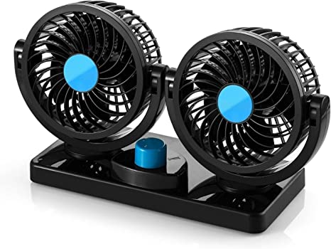 SUPAREE Electric Car Fan - 360° Rotatable Dual Blade 2 Speed 12 Volt DC Fan with 6FT Cord & 3M Stickers - Efficiently Blow Away Hot Air Smoke Smell & Bad Odors - for Sedan SUV RV Boat Auto Vehicles