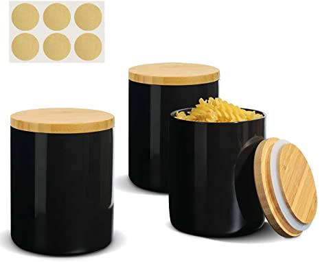 ComSaf Ceramic Food Storage Canisters with Airtight Bamboo Lid (17oz/500ml) Set of 3, Black Food Storage Jar Containers with Seal Wood Lid for Kitchen Pantry Serving Flour, Sugar, Cereal and Snacks