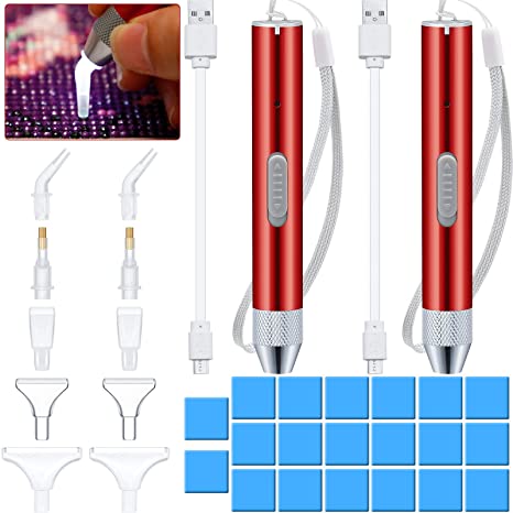 2 Pieces Diamond Painting Pen with Light Point Drill Pen with 10 Pieces Pen Heads, 40 Pieces Painting Glue Clay 5D Diamond Painting Tool Accessories for Nail Art DIY Painting Craft Supplies (Red)