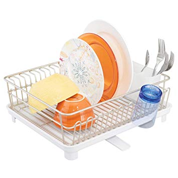 mDesign Large Metal Kitchen Countertop, Sink Dish Drying Rack - Removable Plastic Cutlery Tray, Drainboard with Adjustable Swivel Spout - 3 Pieces - Satin Wire/White