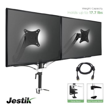 Jestik Advanced Flex 2.0 Dual Monitor Arm Clamp and Bolt Through Mount - Gas assisted arm, holds up to 15-27" Screens, up to 17.7 lbs, With Bonus 4K HDMI Cable
