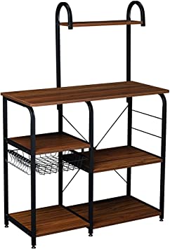 Halter Vintage Kitchen Baker's Rack Utility Storage Spice Organizer Shelf with Hooks; Brown and Black