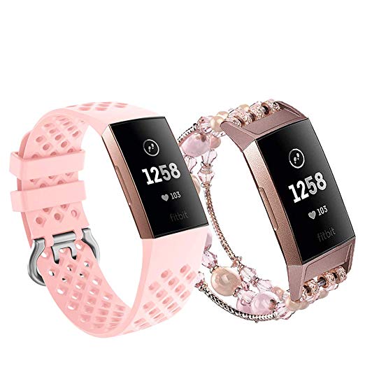 V-MORO Pink Band Compatible with Rose Gold Fitbit Charge 3/3 SE Bands Fashion Handmade Elastic Stretchy Beads Strap Soft Silicone Bracelet Wristband for Fitbit Charge 3/3 SE Smartwatch Women 5.3"-7.5"