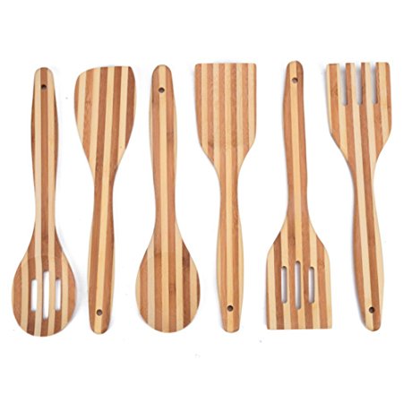 3E Home Organic Bamboo Wood Cooking Utensil Set, Kitchen Utensil, Cookware Utensil, Serving Utensil, Eco-friendly Natural Bamboo (6-Piece set without holder)