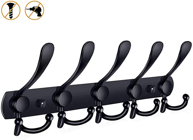 Oyydecor Wall Mounted Coat Rack, 5 Tri Hooks Heavy Duty Stainless Steel Coat Hook Rail for Coat Hat Towel Purse Robes (Black)