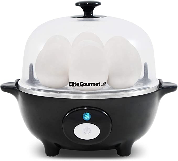 Elite Gourmet EGC-007B# Rapid Egg Cooker, 7 Easy-To-Peel, Hard, Medium, Soft Boiled Eggs, Poacher, Omelet Maker, Auto Shut-Off, Alarm, 16-Recipe Booklet, BPA-Free, Black