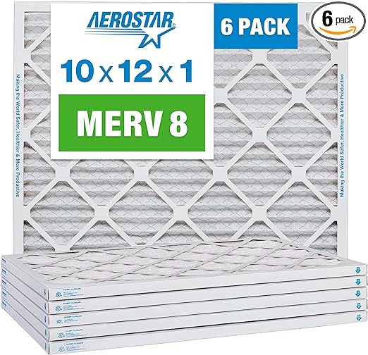 Aerostar 10x12x1 MERV 8 Pleated Air Filter, AC Furnace Air Filter, 6 Pack (Actual Size: 10" x 12" x 1")