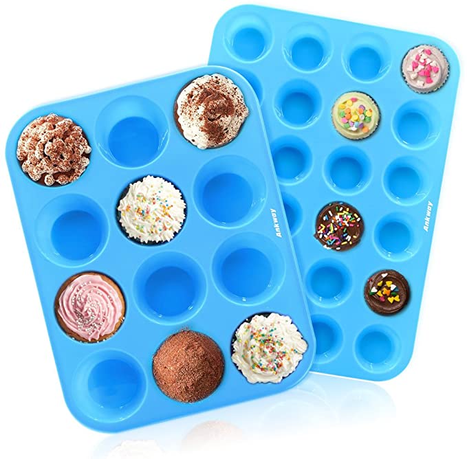 Ankway Set di 2 teglie in silicone per muffin in silicone, resistente al calore fino a 230 °C, antiaderente, per cupcakes, cottura e lavastoviglie, adatto al microonde, colore: blu