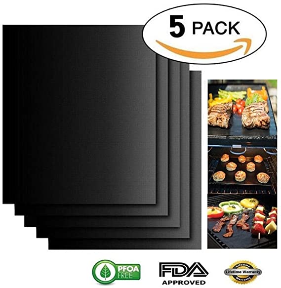 Dlife BBQ Grill Mat Set of 5 - Non Stick Oven Liner Teflon Cooking Mats for Baking on Gas, Charcoal, Oven and Electric Grills - Reusable, Heat Resistant Barbecue Sheets for Grilling Meat, Veggies