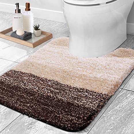 OLANLY Luxury Toilet Rugs U-Shaped, Extra Soft and Absorbent Microfiber Bathroom Rugs, Non-Slip Plush Shaggy Toilet Bath Mat, Machine Wash Dry, Contour Bath Rugs for Toilet Base, 20x24, Brown