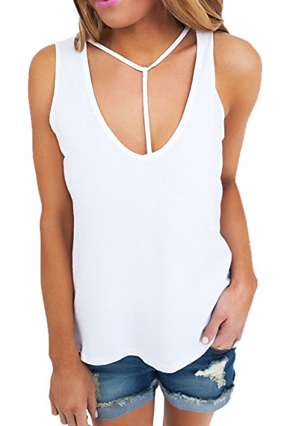 Bdcoco Women's Sleeveless Summer Blouse T Front Strappy Scoop Neck Casual Tank Tops Vest
