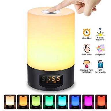 Wake Up Light Digital Alarm Clock SOLMORE LED Bedside Lamp Touch Control Wake-Up Light Sunrise Simulation with Dimmable Warm White/7 Colors/6 Nature Sounds Night Lights for Bedroom Babyroom Decorations USB Rechargeable