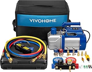 VIVOHOME 110V 1/3 HP 4.5CFM Single Stage HVAC Vacuum Pump and 4 Way AC Manifold Gauge Set Kit with Leak Detector 5ft Hoses for R134a R12 R22 R502 R410a Air Conditioning Refrigeration Recharging