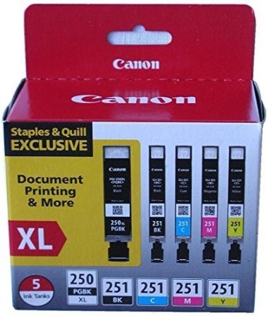 Canon PGI-250XL Black High Yield and CLI-251 BCMY Black and Color Ink Cartridges 6432B011 Combo 5Pack