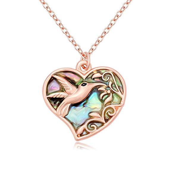 SENFAI Nature Abalone Shell The Hummingbird Flying in Flower in Heart Pandent Necklace