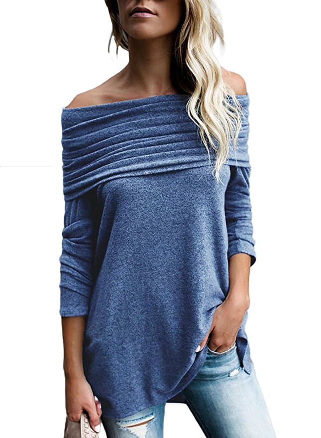 FARYSAYS Women's Casual Off Shoulder Ruched Fold Over Tunic Long Sleeve High Low Blouse Tops